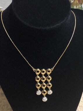 Gold-tone Geometric Bib Necklace/Choker Dangling Circular Discs Crystals
